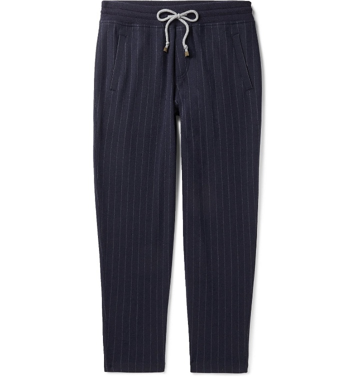 Photo: Brunello Cucinelli - Pinstriped Cashmere and Cotton-Blend Sweatpants - Blue