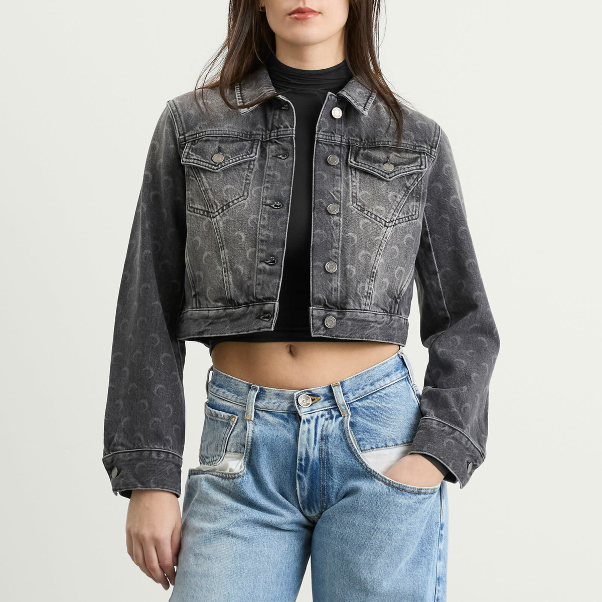 Marine Serre Women's Moon Laser Denim Crop Jacket in Dark Grey