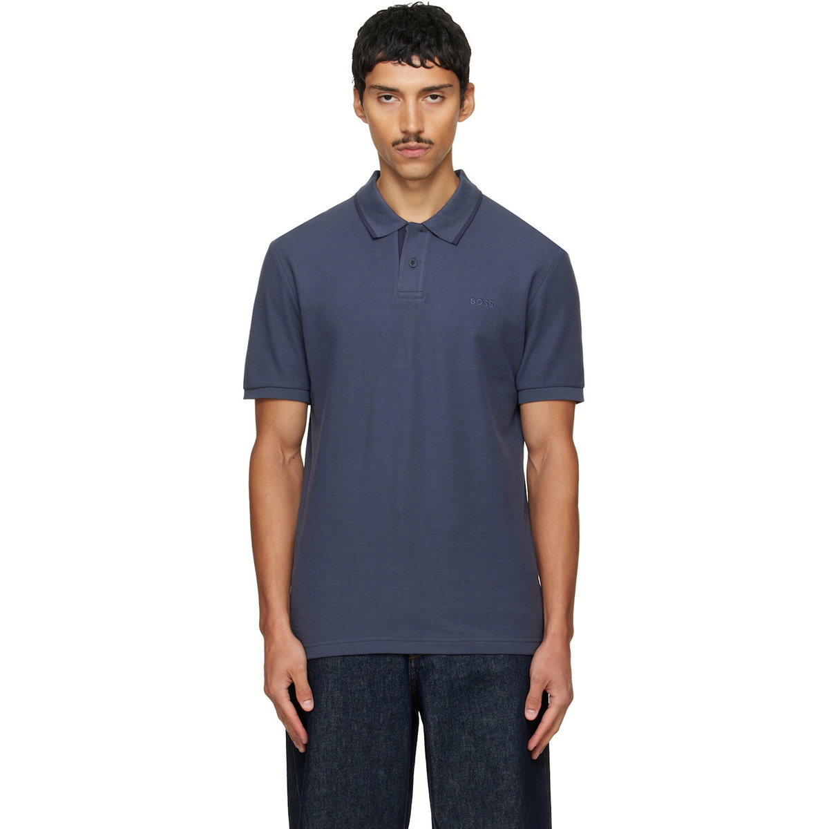 BOSS Navy Regular-Fit Honeycomb-Structured Cotton Pique Polo