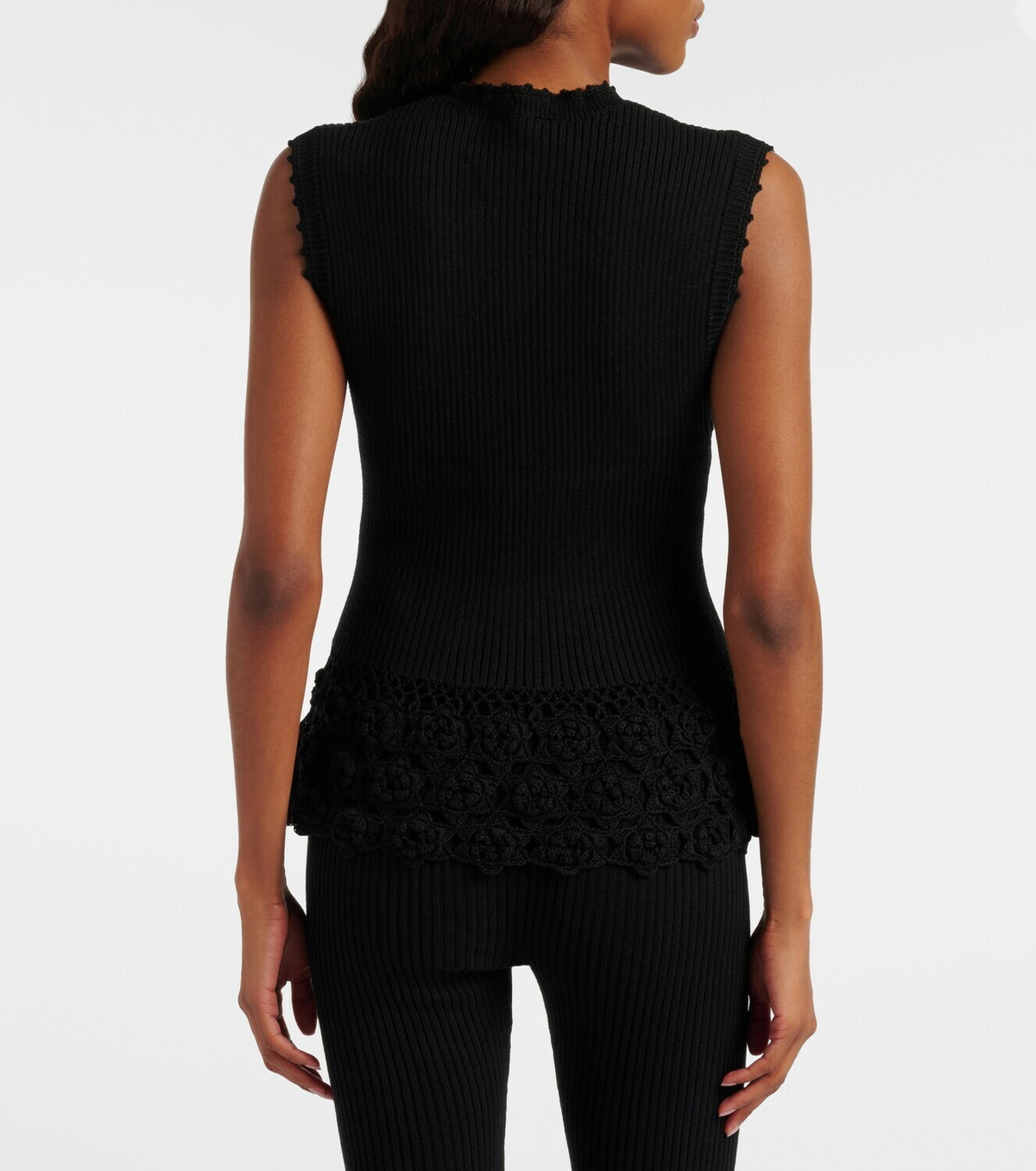 Ganni Crochet-trimmed ribbed cotton-blend top