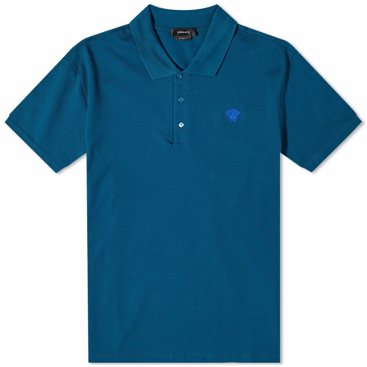 Photo: Versace Men's Embroidered Medusa Polo Shirt in Dark Teal