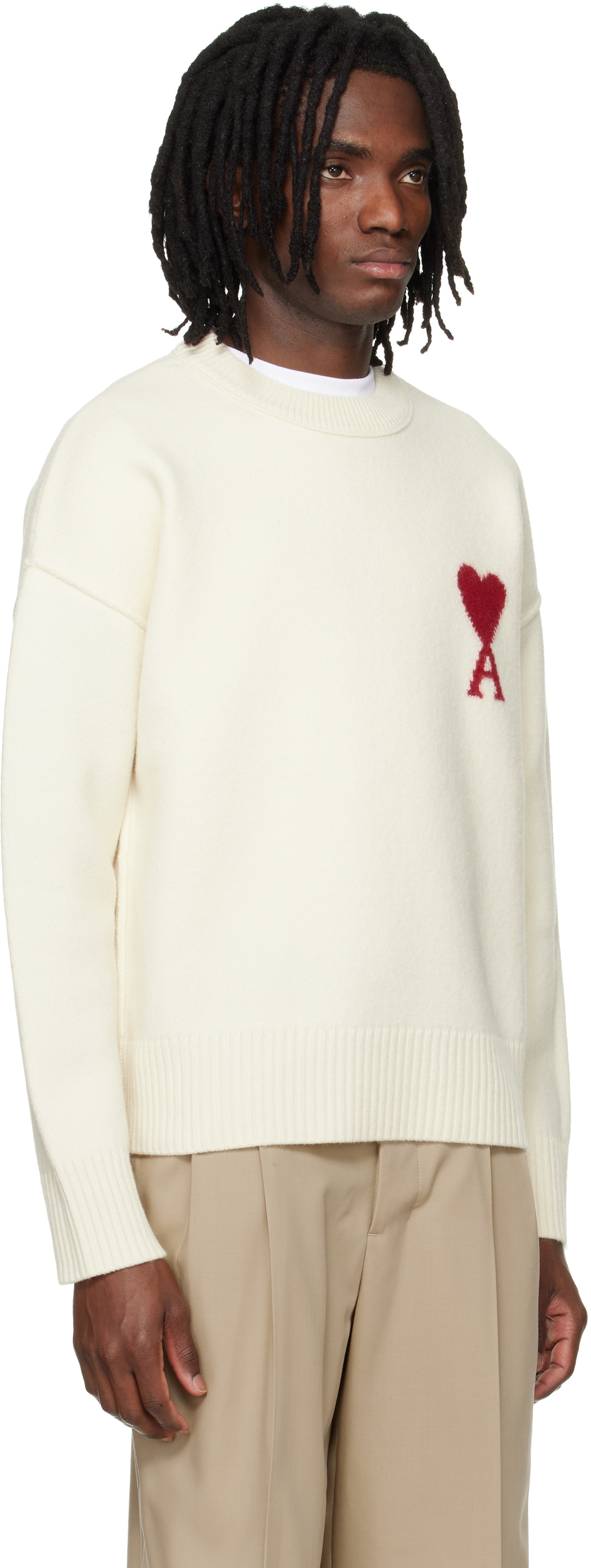 AMI Paris Off-White Wool Contrasted Ami de Coeur Crewneck Sweater