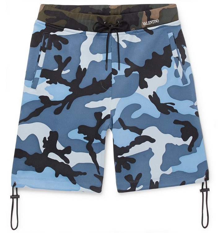 Photo: Valentino - Camouflage-Print Jersey Drawstring Shorts - Men - Blue
