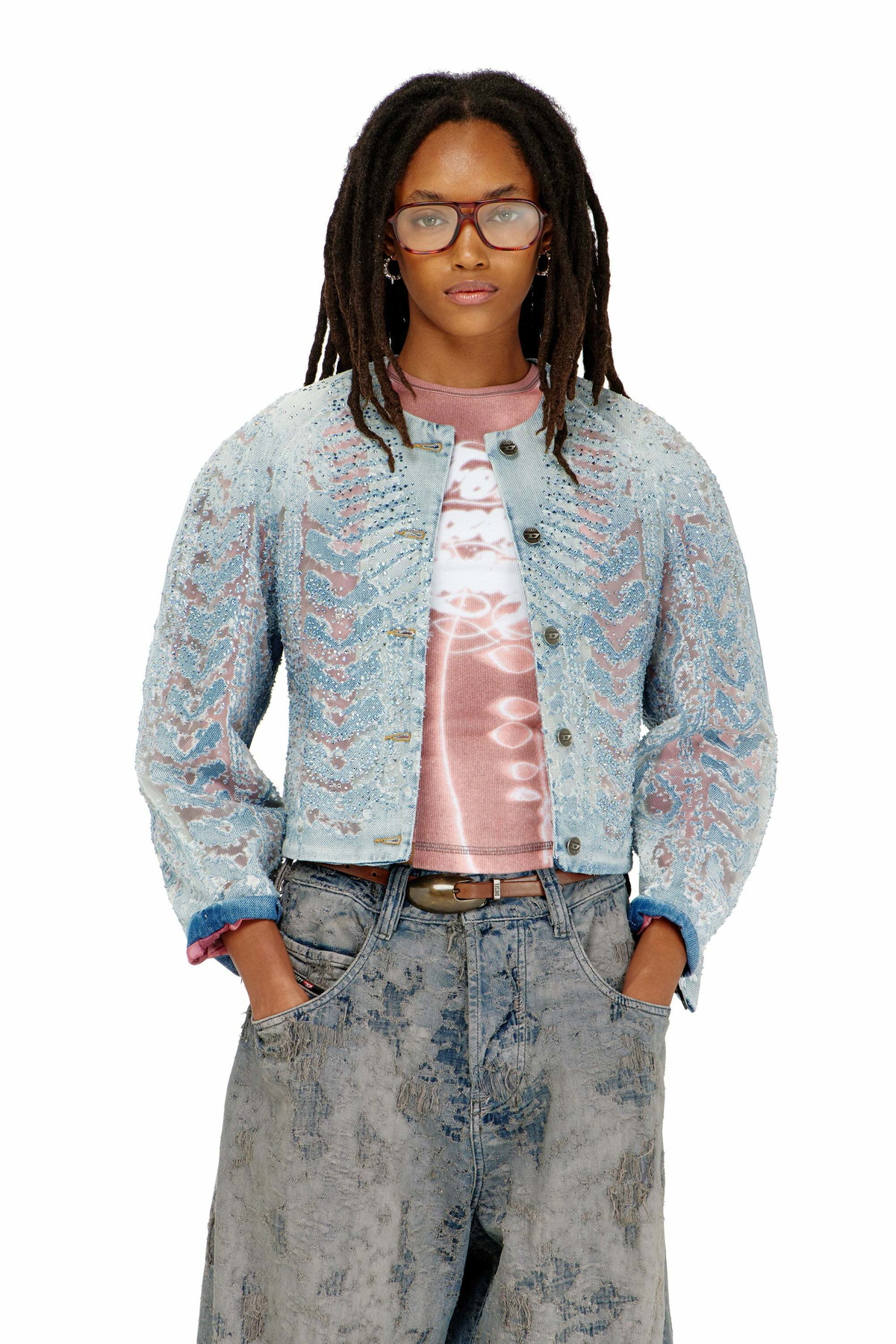 Diesel Jacket in microstone devoré denim - Denim Jackets Womens in Blue