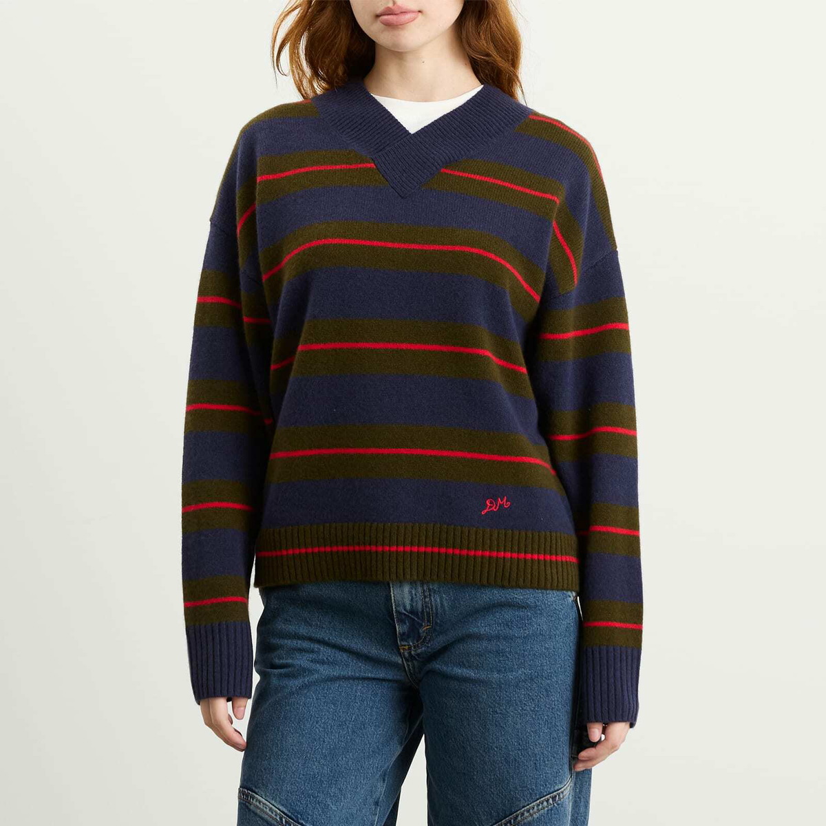Damson Madder Women's Odette V-Neck Stripe Jumper in Olve