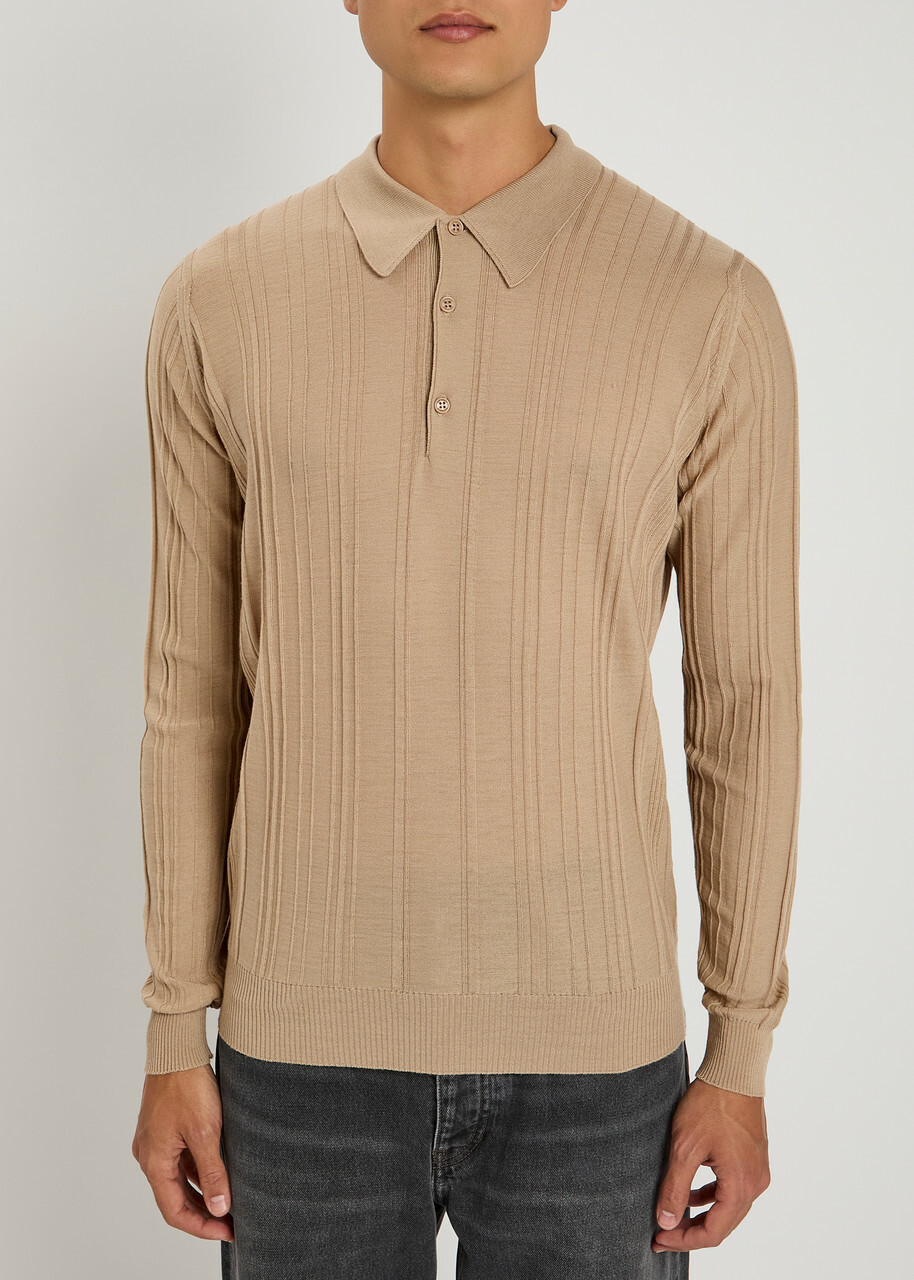 JOHN SMEDLEY FLINN ランダムリブ ニット ポロシャツ John Smedley Flinn Ribbed Wool Polo Shirt Beige John Smedley