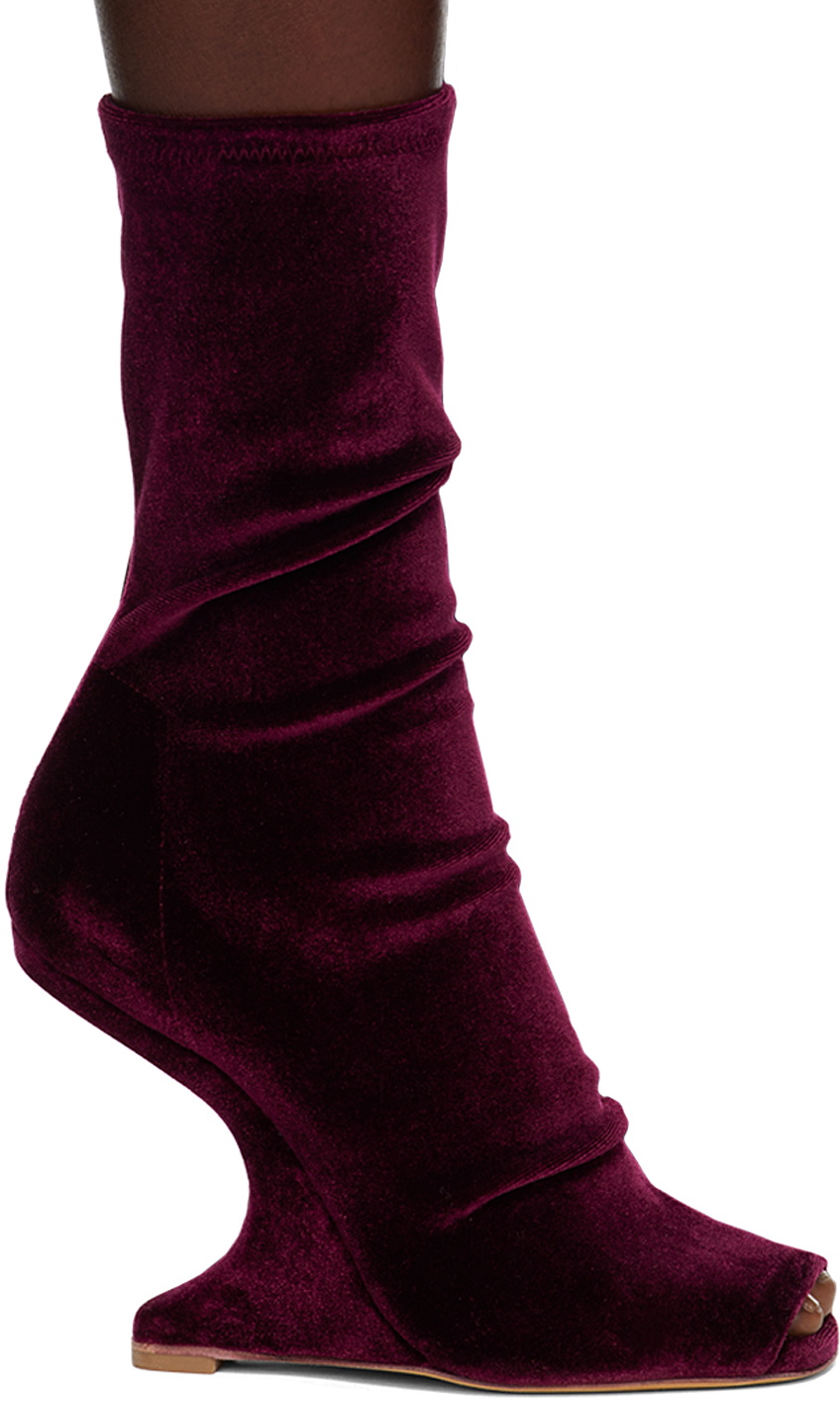 Rick Owens Lilies Burgundy Velvet Ankle Boots
