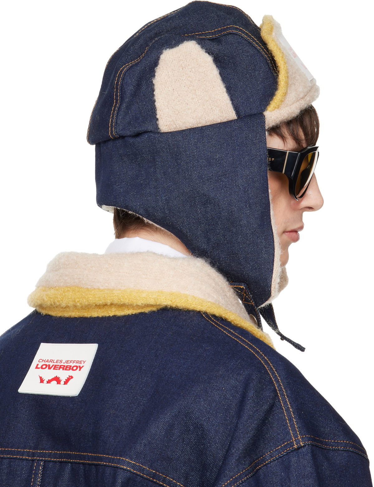 Charles Jeffrey LOVERBOY Navy & Beige Knit Patch Trapper Hat