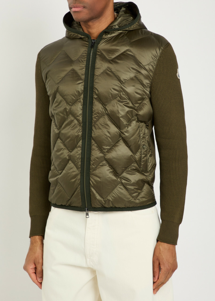 Moncler Hooded Quilted Shell and Cotton-blend Cardigan Khaki