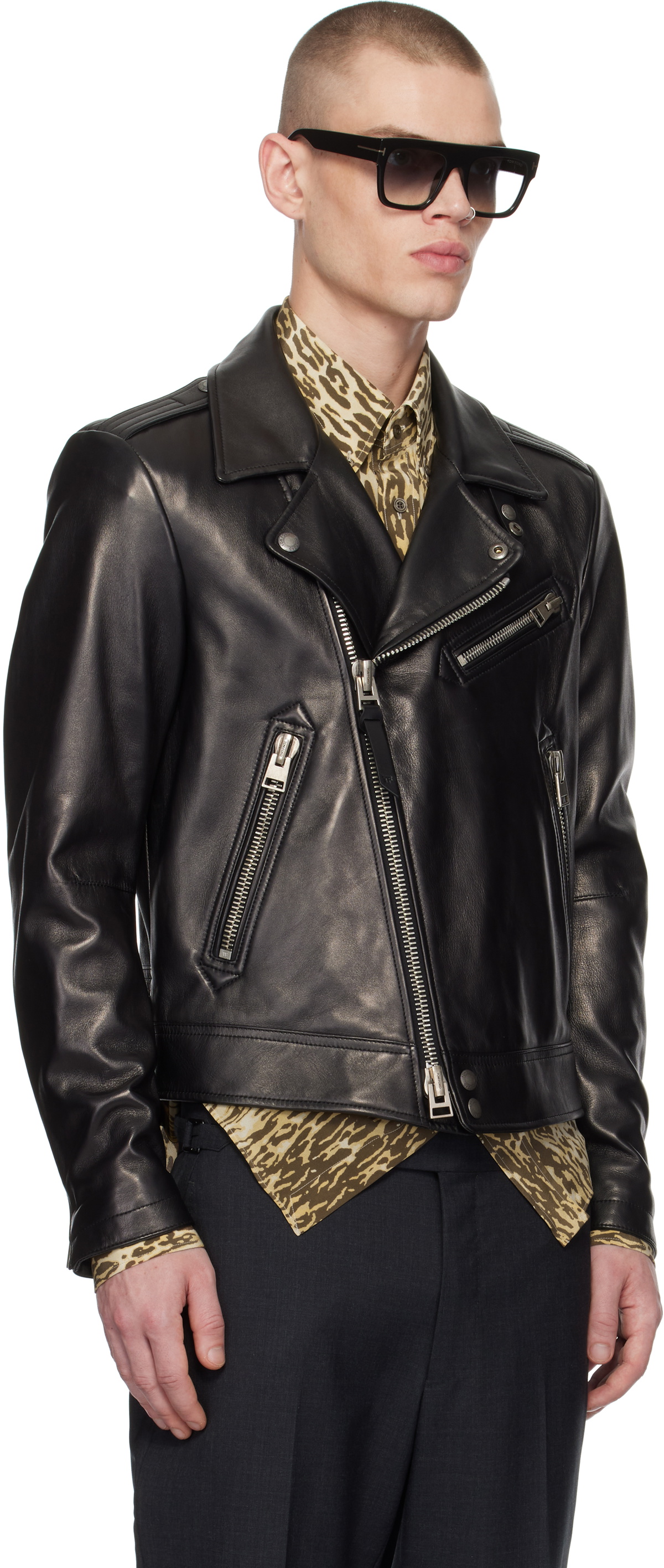 TOM FORD Black Grain Leather Asymmetric Biker Jacket