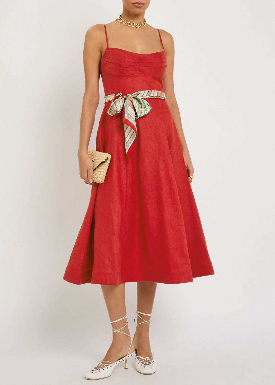 Zimmermann Rebellion Belted Linen Midi Dress Red