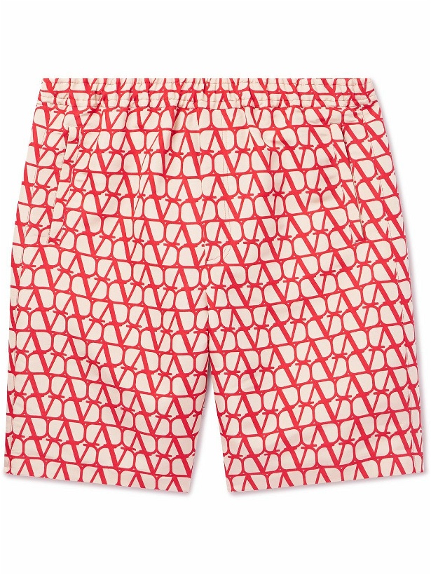Photo: Valentino Garavani - Straight-Leg Logo-Print Silk-Twill Bermuda Shorts - Red