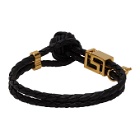 Versace Black and Gold Leather Greca Bracelet