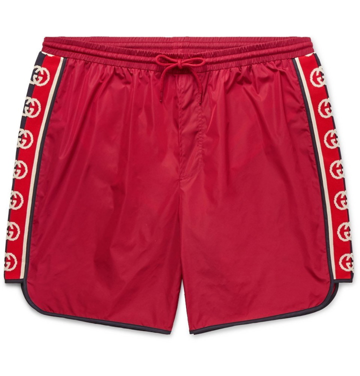 Photo: Gucci - Slim-Fit Mid-Length Logo Webbing-Trimmed Swim Shorts - Red