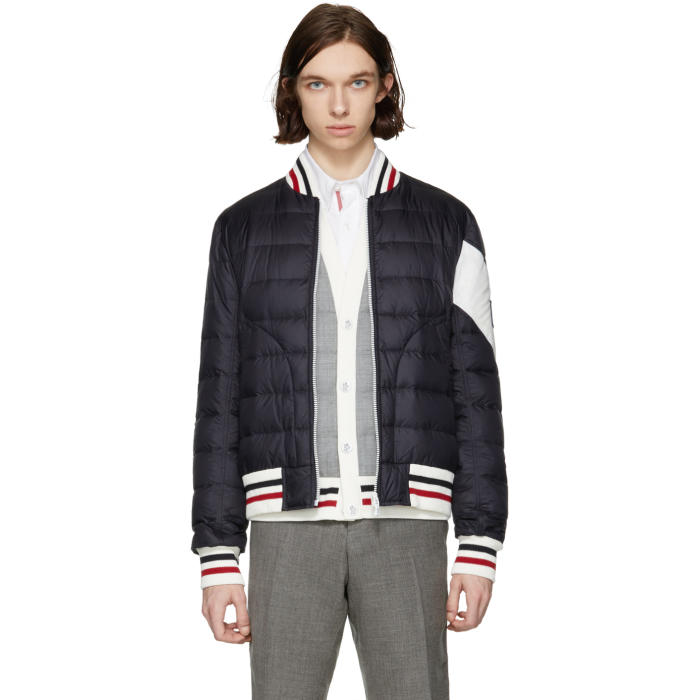 Moncler Gamme Bleu Navy Down Chevron Bomber Jacket Moncler Gamme Bleu