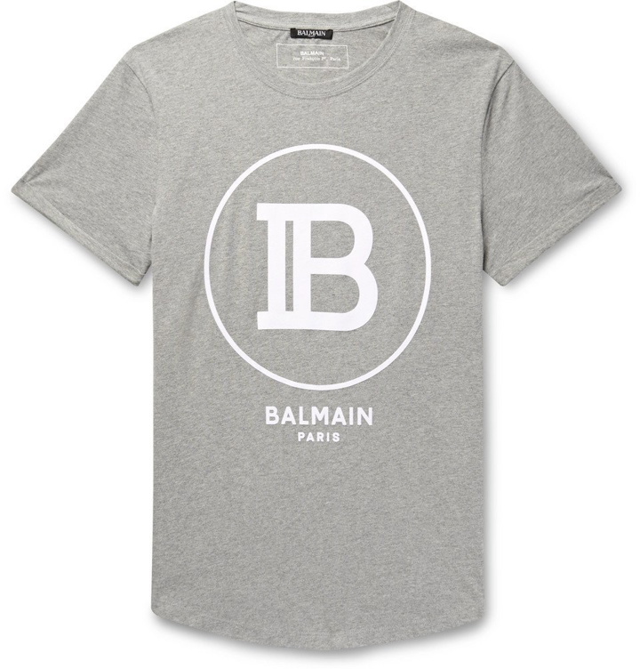 Photo: Balmain - Logo-Flocked Mélange Cotton-Jersey T-Shirt - Gray