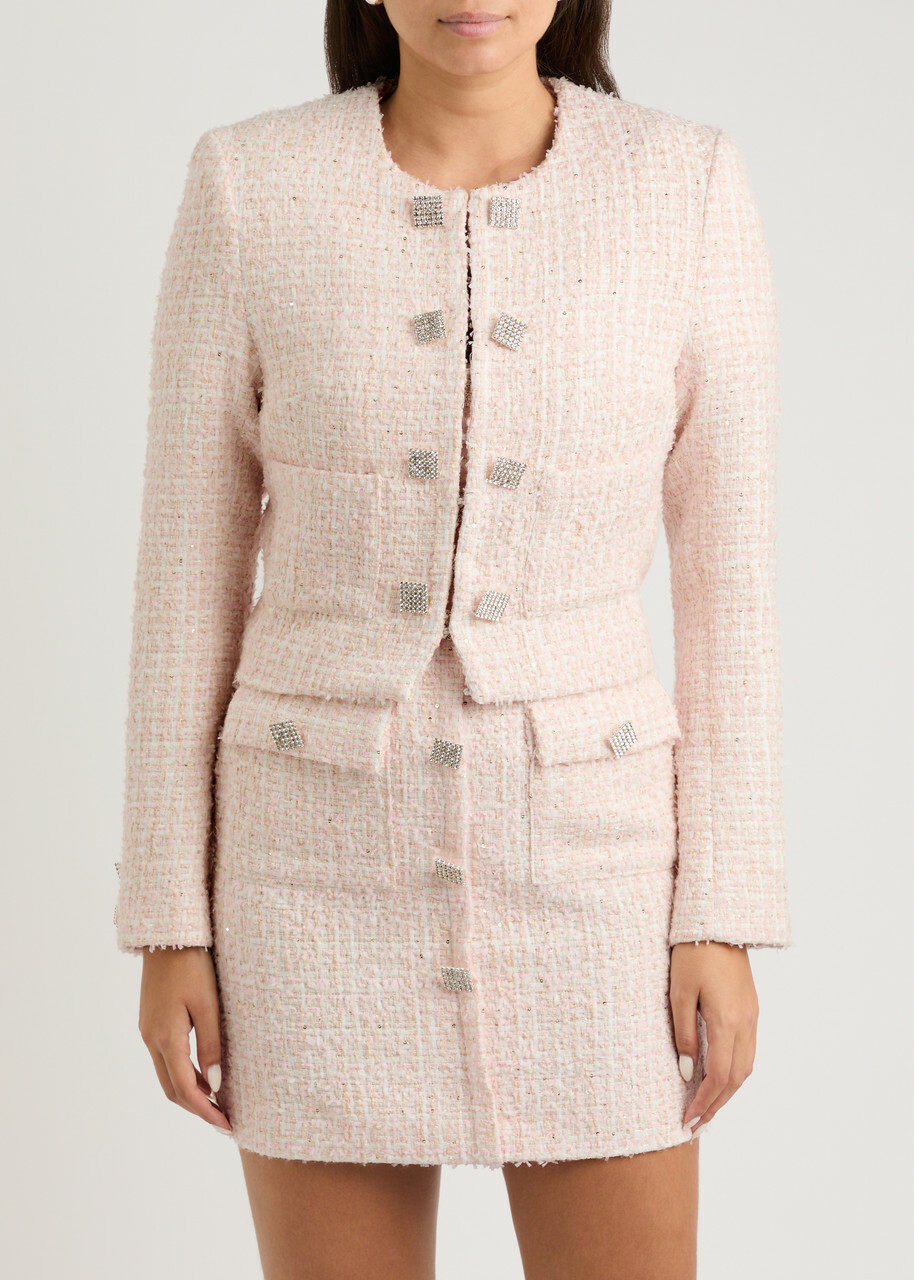 Rotate Sunday Sequin-embellished Bouclé Tweed Jacket Light Pink