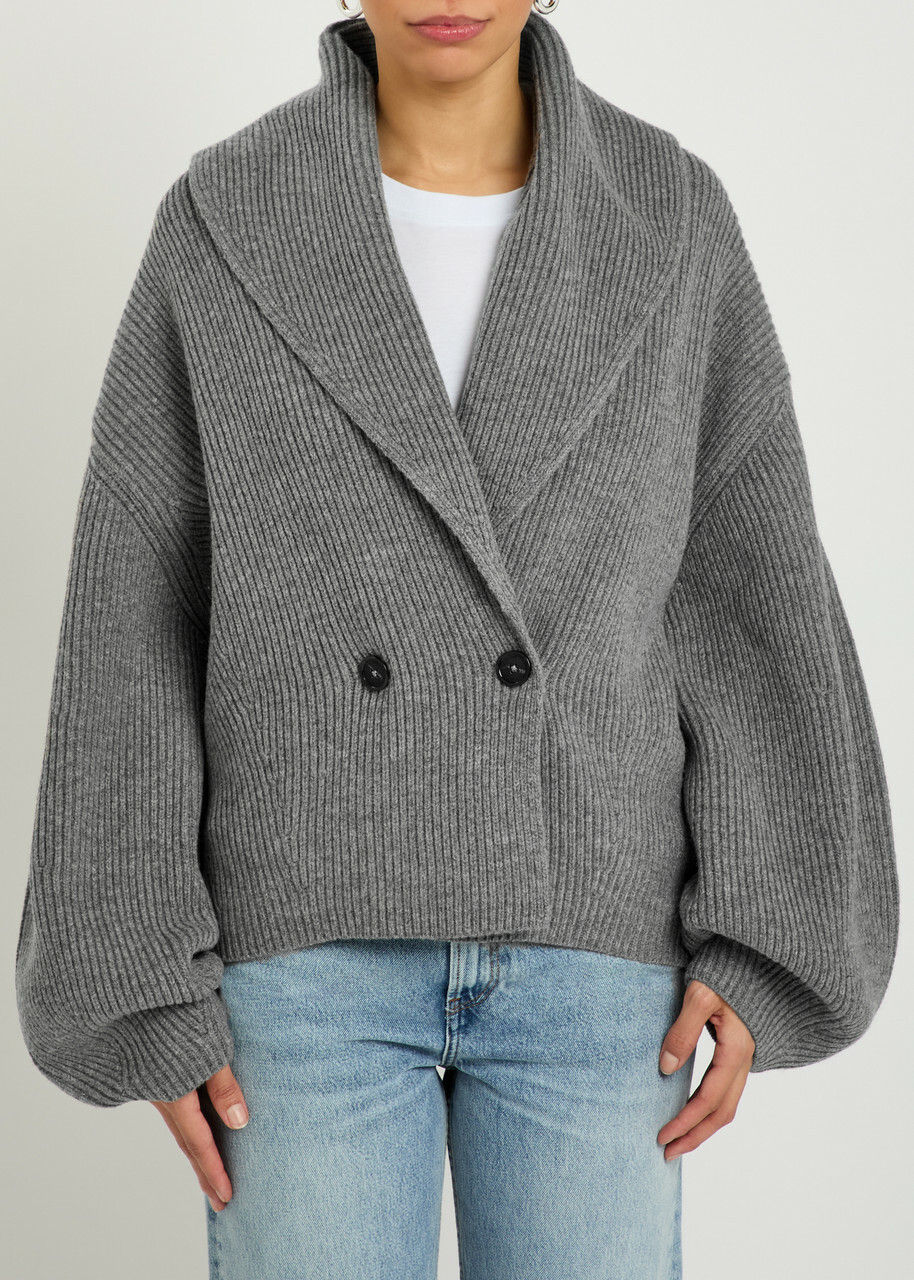 Toteme Shawl Lapel Ribbed Wool-blend Cardigan Grey