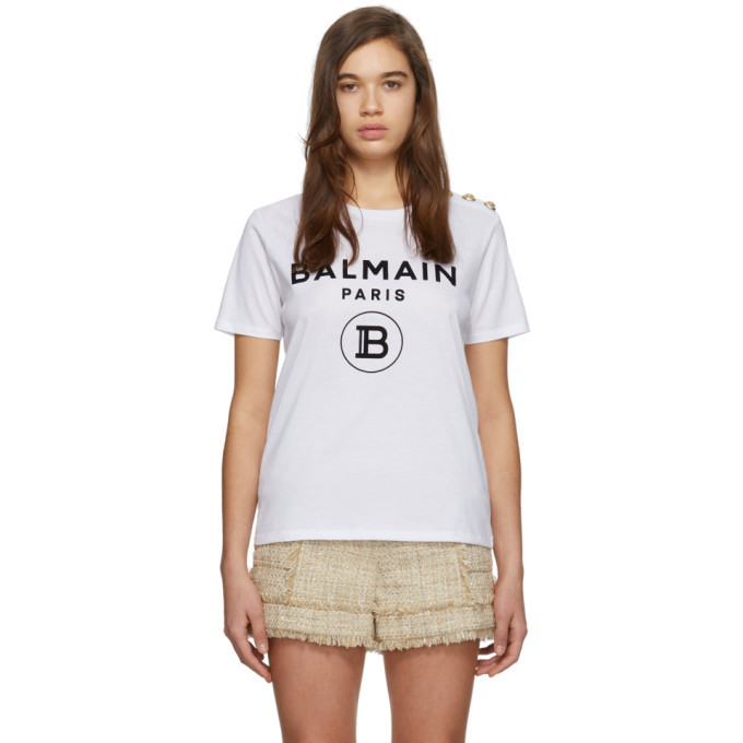 Balmain White 3-Button Flocked Logo T-Shirt