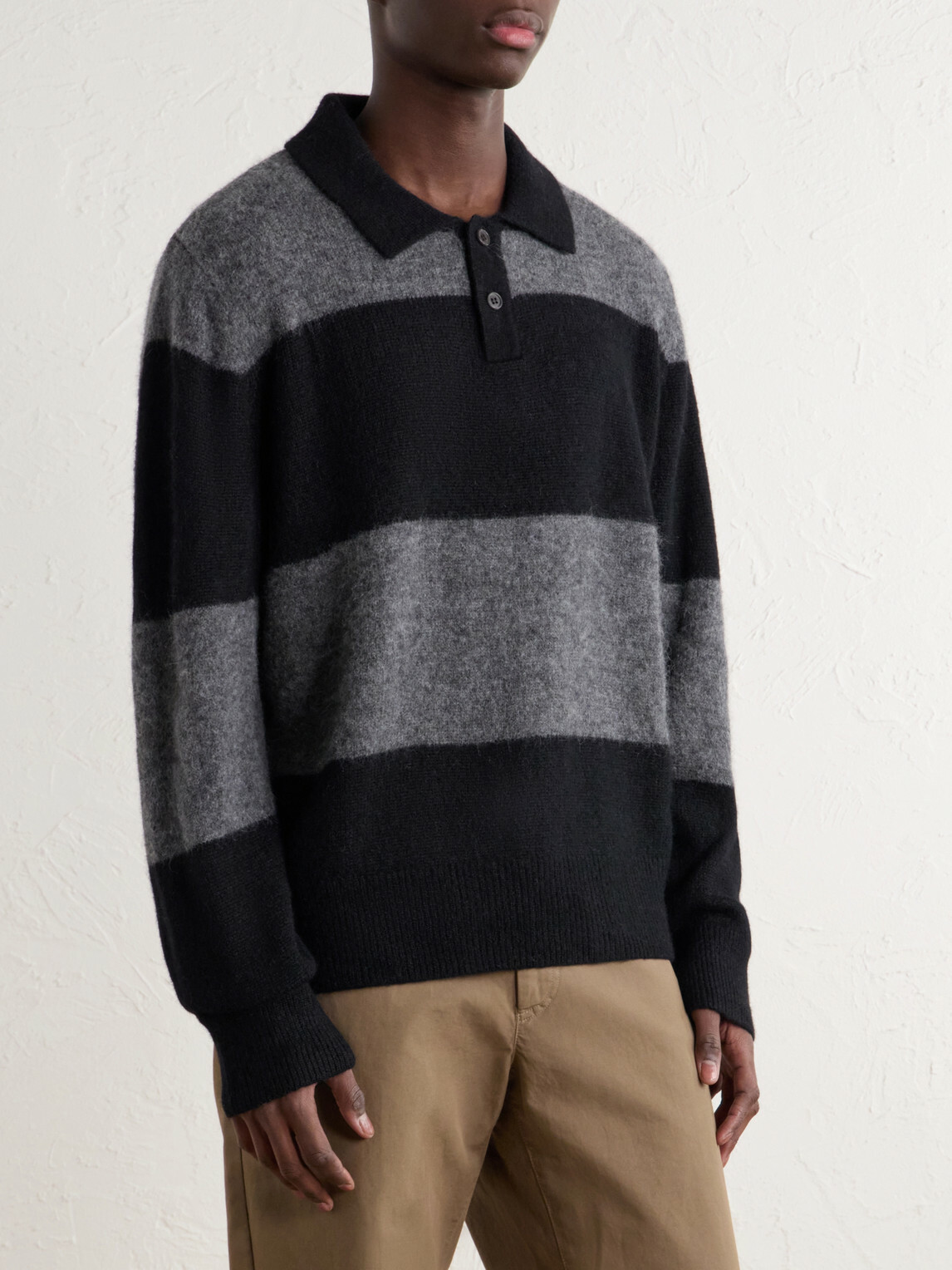 Corridor - Striped Woven Brushed Alpaca-Blend Polo Sweater - Black