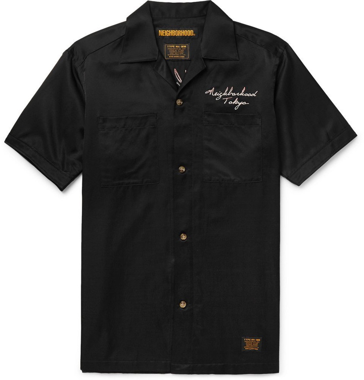 Photo: Neighborhood - Camp-Collar Embroidered Satin Shirt - Black