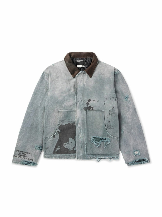 Photo: Enfants Riches Déprimés - Leather-Trimmed Distressed Printed Cotton-Canvas Jacket - Blue