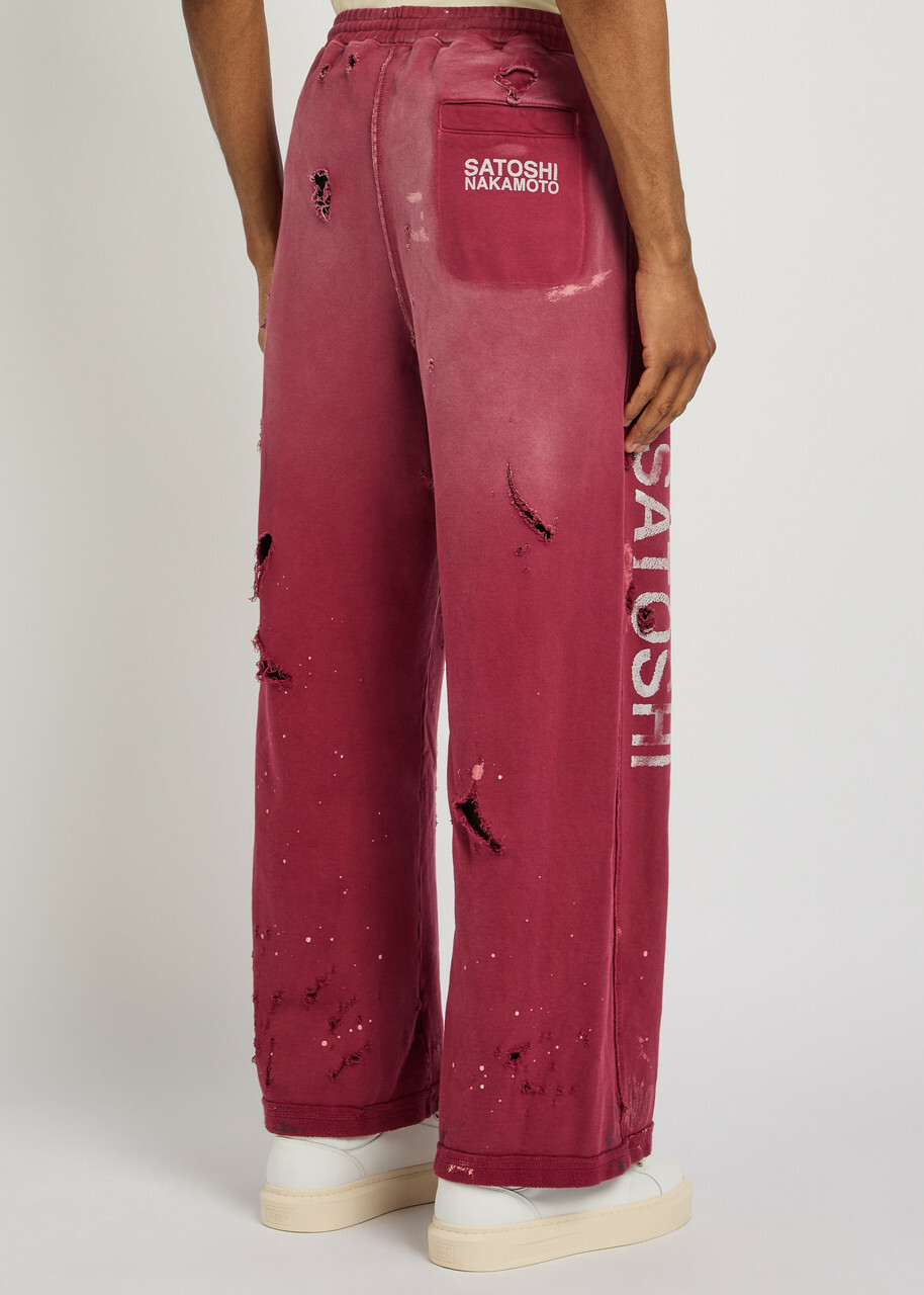 Satoshi Nakamoto Luke Printed Distressed Cotton Sweatpants Burgundy