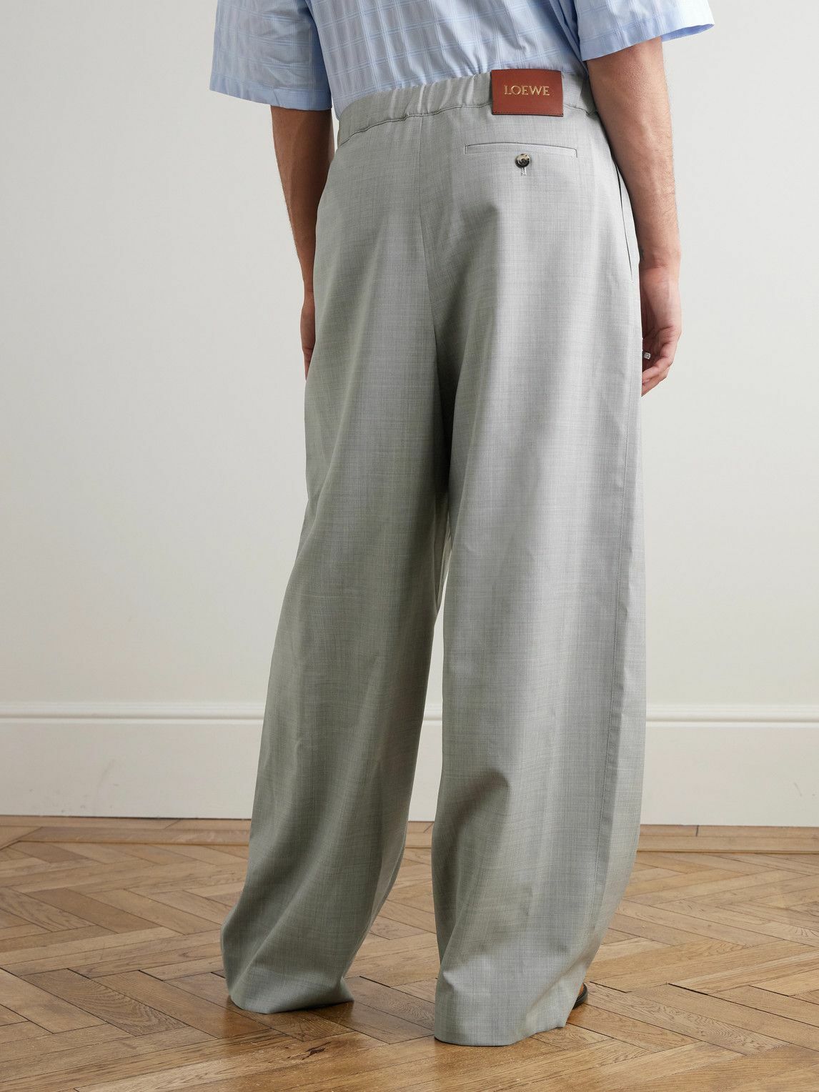 LOEWE - Wide-Leg Logo-Embroidered Pleated Wool Drawstring Trousers