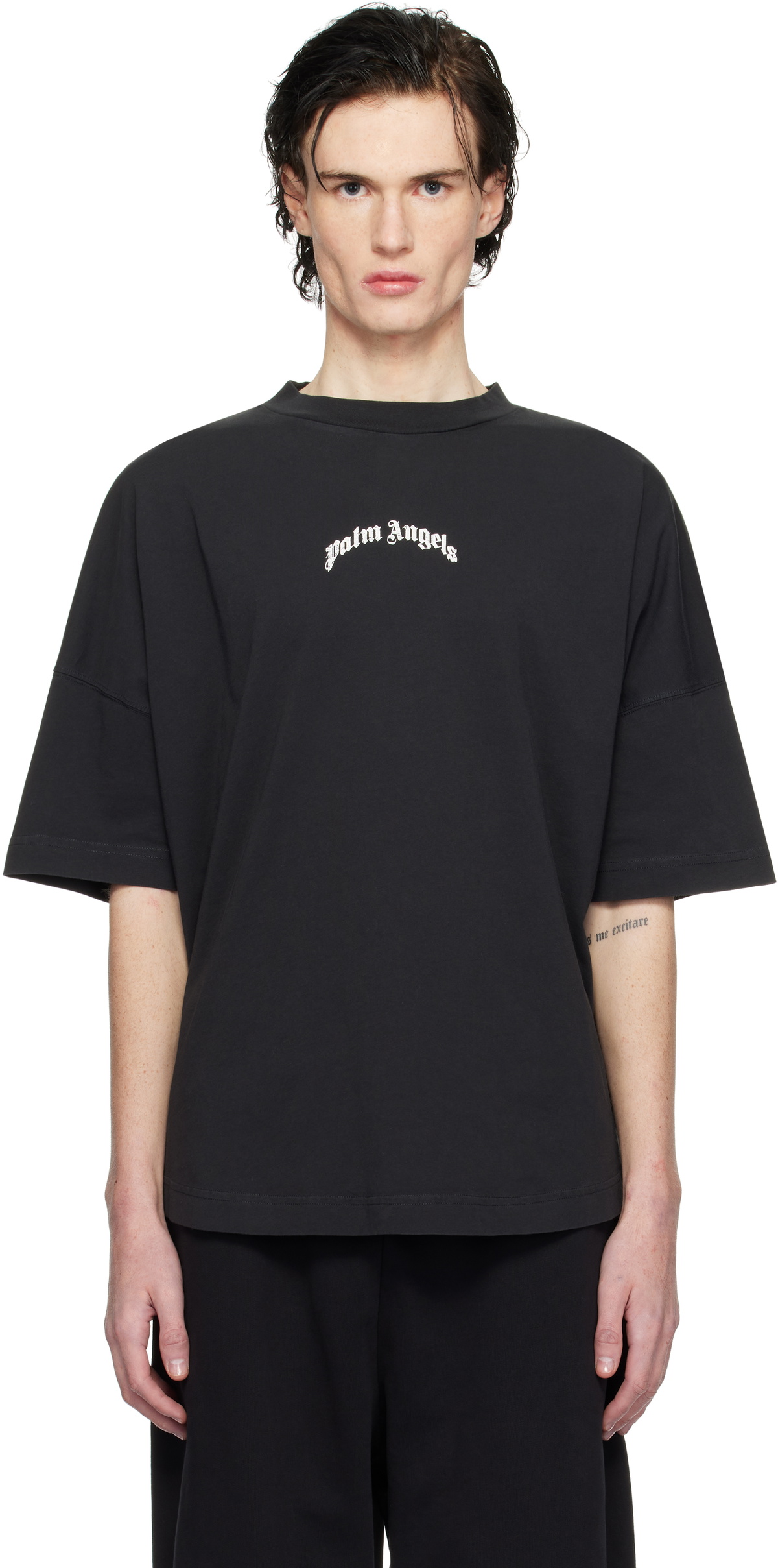 Palm Angels Black Curved Logo T-Shirt Palm Angels