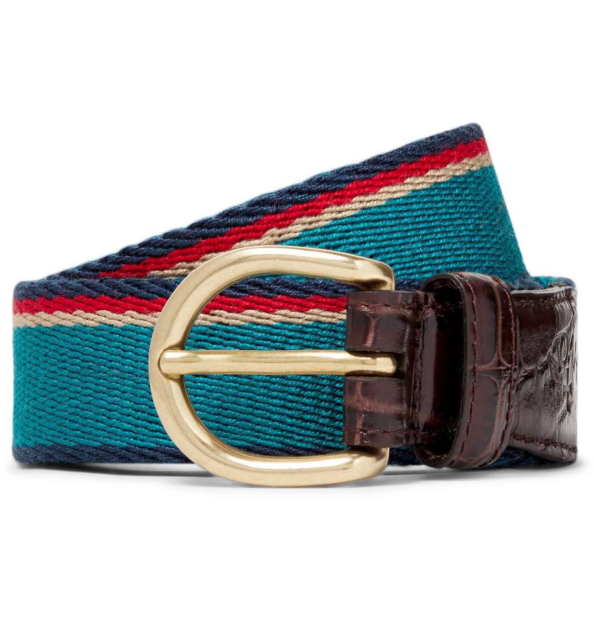 Photo: Noah - 3cm Teal Croc-Effect Leather-Trimmed Striped Webbing Belt - Blue