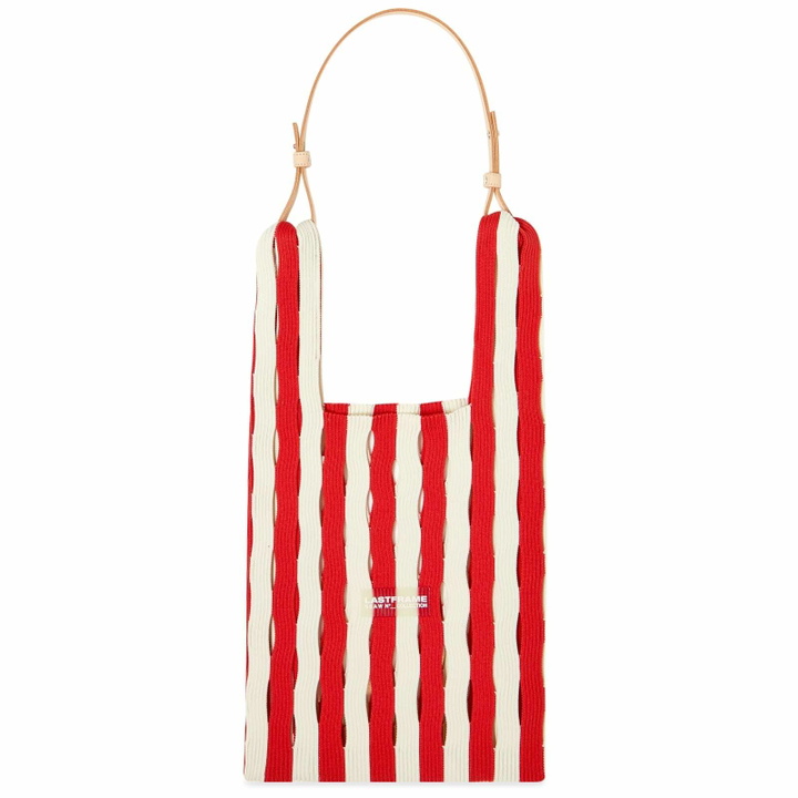 Photo: LASTFRAME Women's Stripe Mesh Market Bag Medium in Red/Ivory
