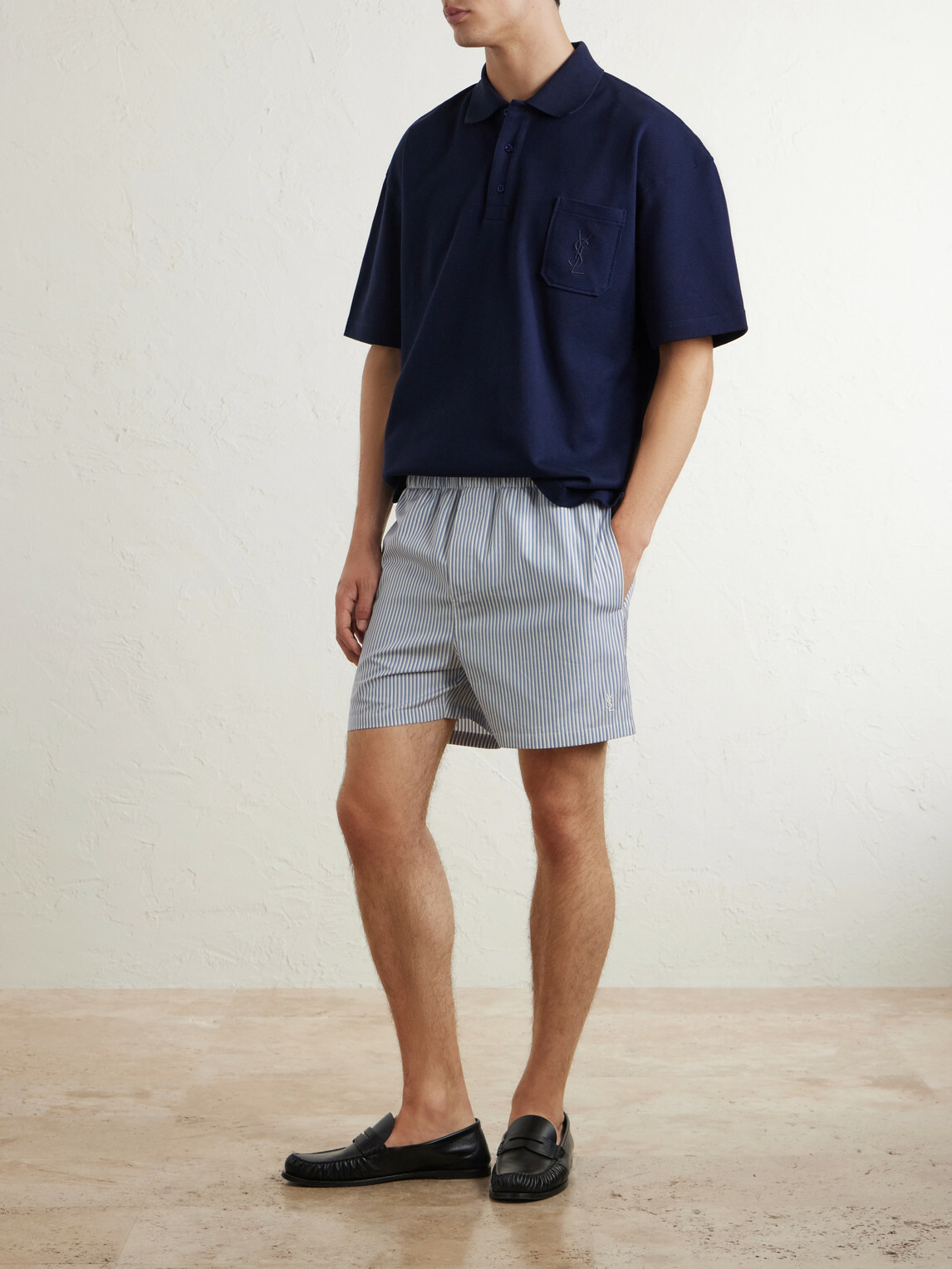 SAINT LAURENT - Wide-Leg Striped Cotton-Poplin Shorts - Blue