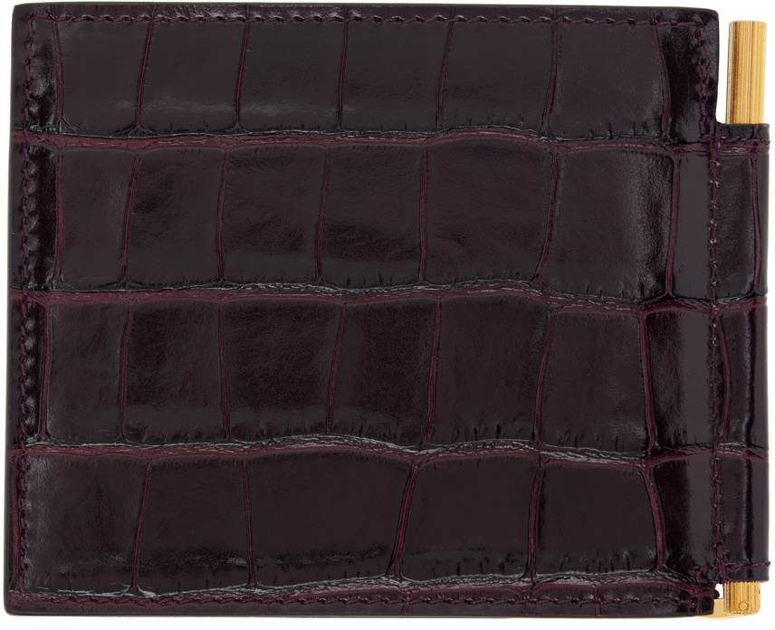 TOM FORD Burgundy Shiny Croc T Line Money Clip Wallet TOM FORD