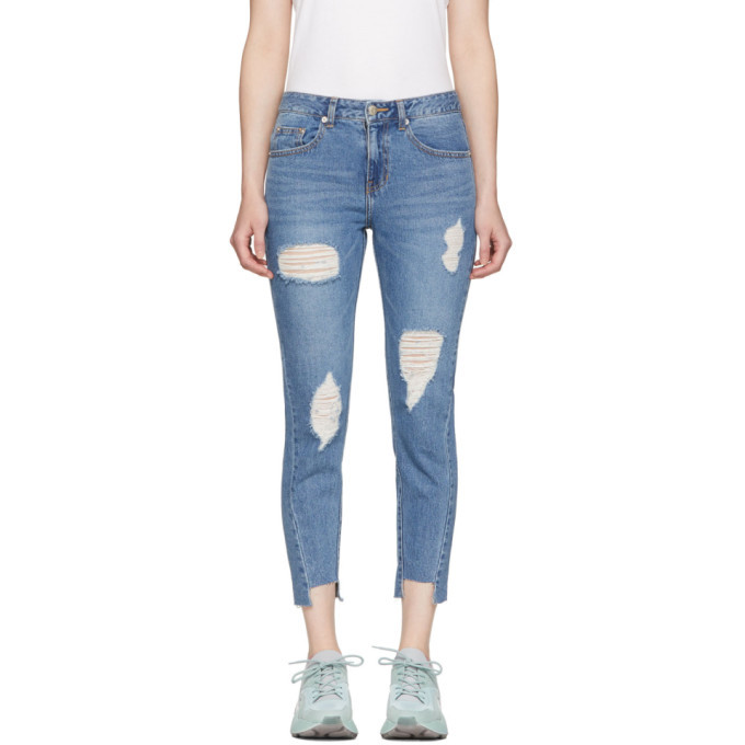 Photo: SJYP Blue Unbalanced Hem Straight-Leg Jeans