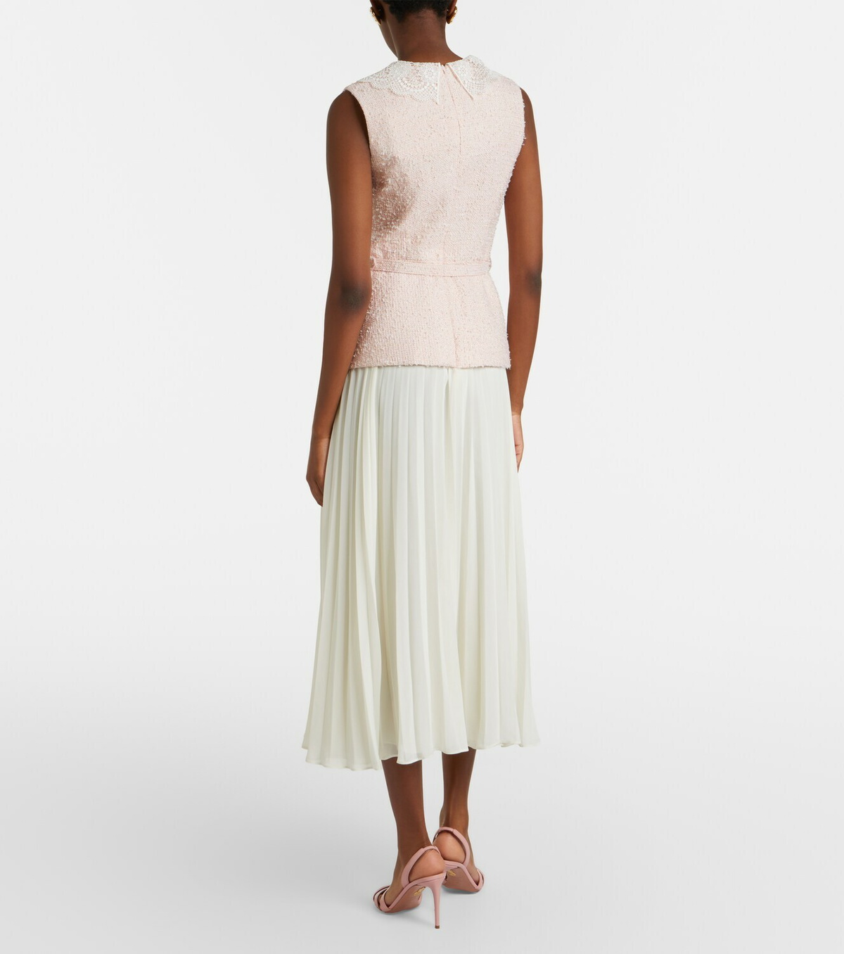 Self-Portrait Belted pleated bouclé and chiffon midi dress