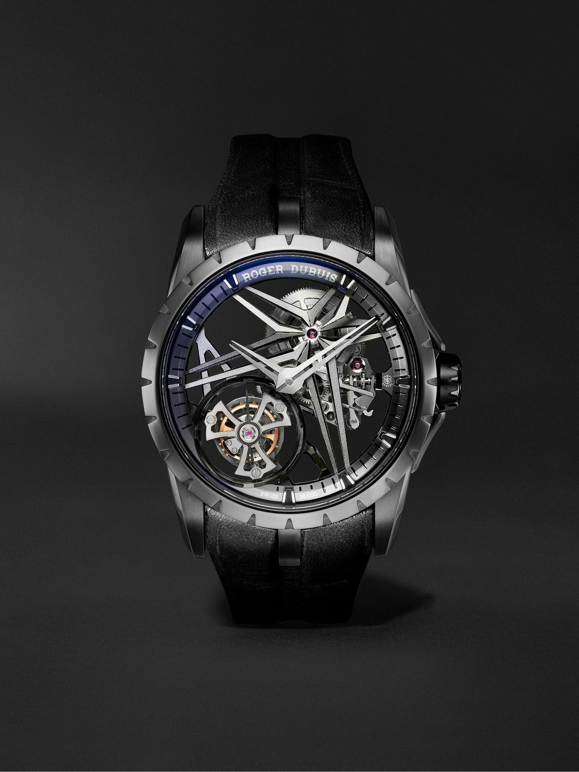 Photo: Roger Dubuis - Excalibur Limited Edition Hand-Wound Skeleton Flying Tourbillon 42mm Titanium and Leather Watch, Ref. No. DBEX0889