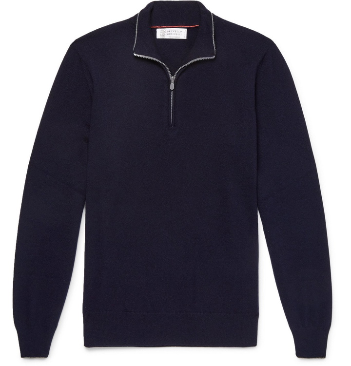 Photo: Brunello Cucinelli - Contrast-Tipped Cashmere Half-Zip Sweater - Blue
