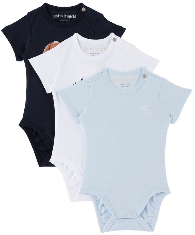 Photo: Palm Angels Three-Pack Baby Blue & White Bodysuits