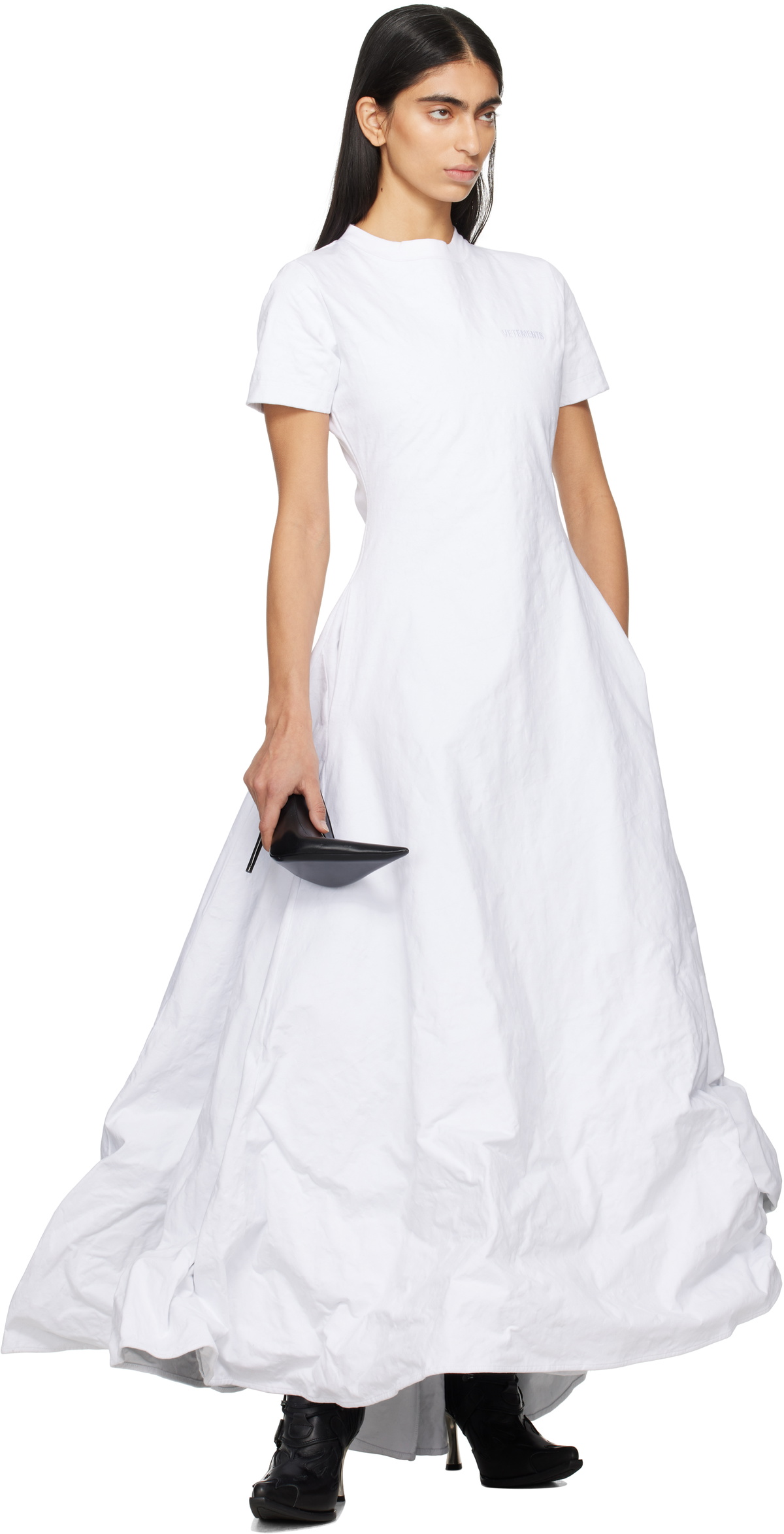 VETEMENTS White Metalized Wrinkled Logo Embroidered T-Shirt Maxi Dress
