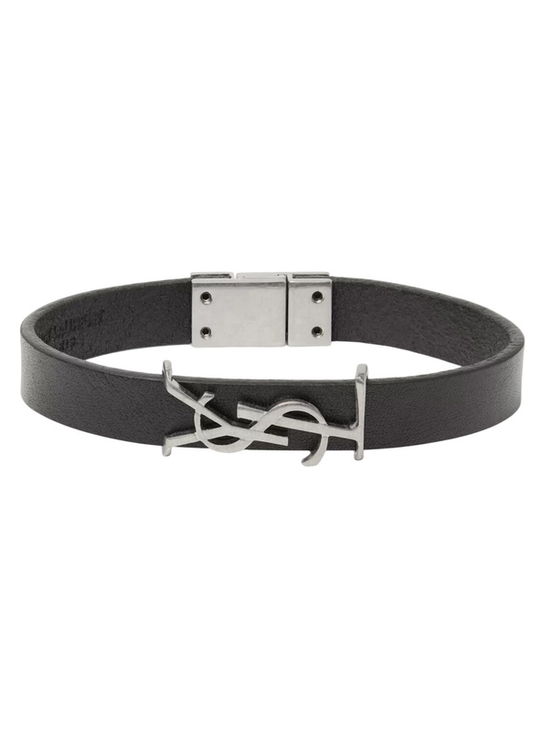 Photo: SAINT LAURENT - Logo-Detailed Burnished Silver-Tone and Leather Bracelet - Black