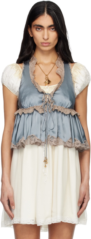Photo: Chloé Blue Washed Silk Satin & Lace Tie-Front Sleeveless Top