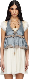 Chloé Blue Washed Silk Satin & Lace Tie-Front Sleeveless Top