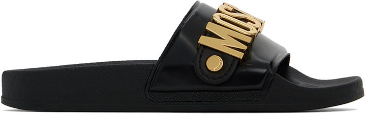 Photo: Moschino Black Lettering Logo Pool Slides