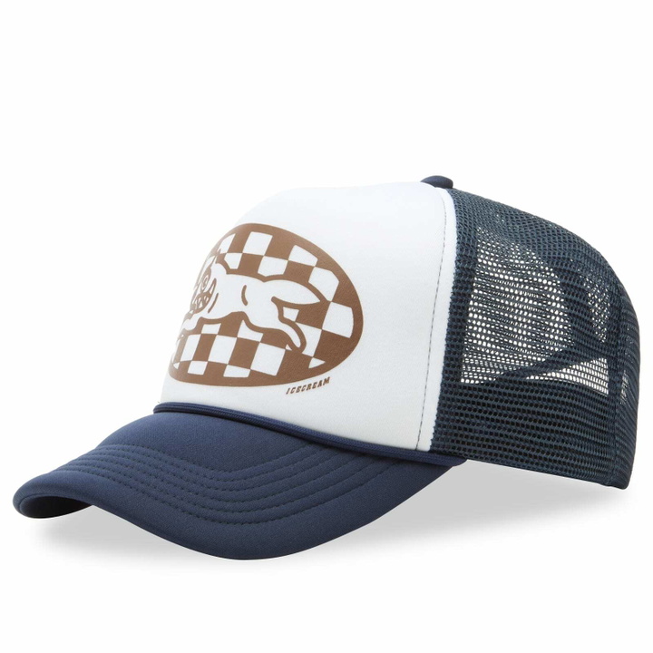 Photo: ICECREAM Men's Checker Running Dog Trucker Cap in Ecru/Navy 