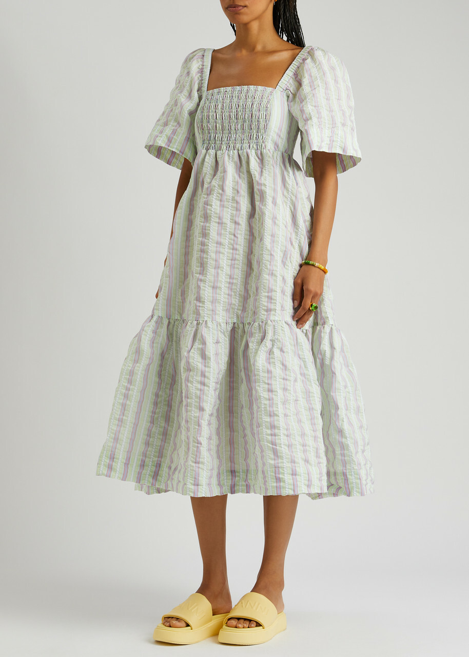Ganni Striped Seersucker Midi Dress White GANNI