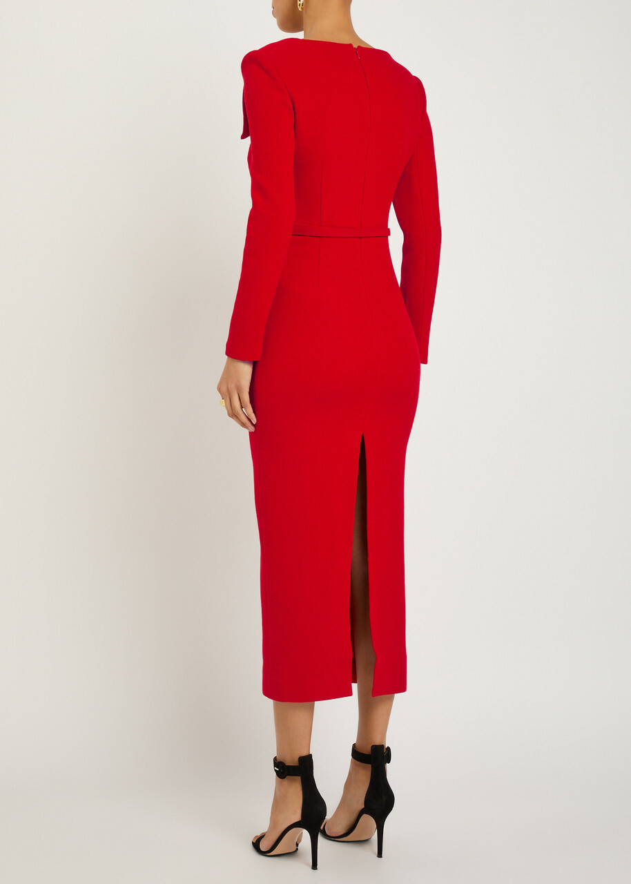 Roland Mouret Belted Wool Midi Dress Red