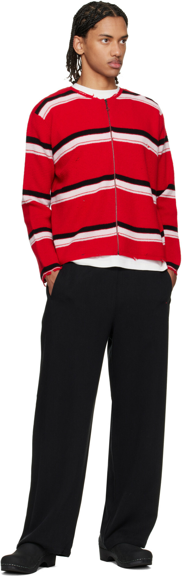 Second/Layer Red Friends Zip Up Waffle Knit Sweater
