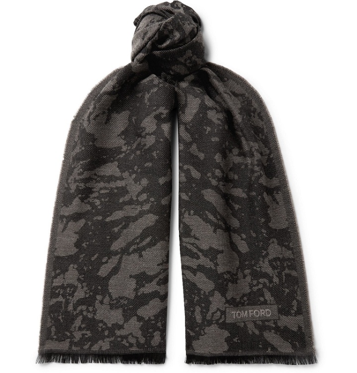 Photo: TOM FORD - Fringed Camouflage-Print Wool Scarf - Gray