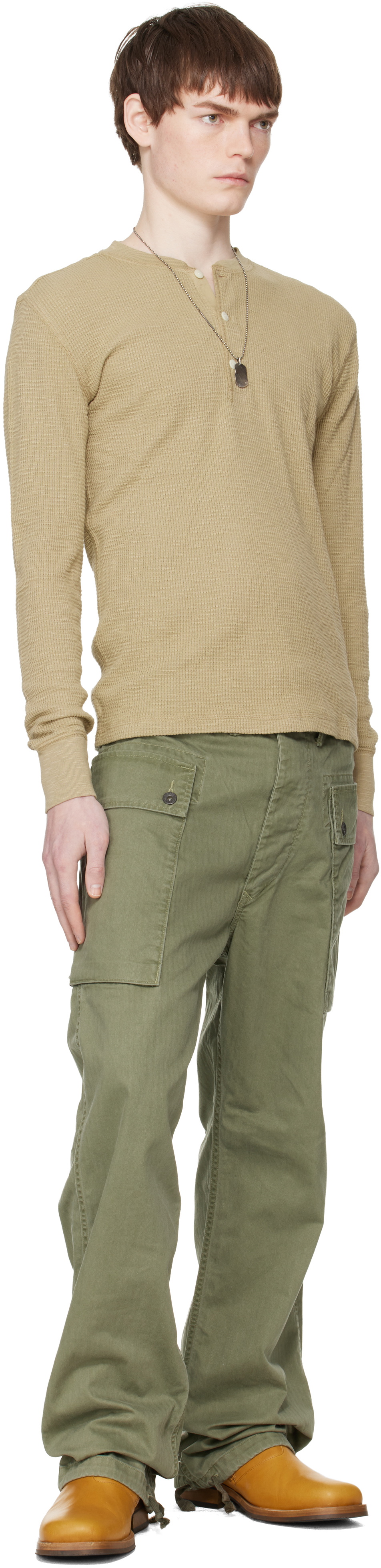 RRL Beige Garment-Dyed Waffle-Knit Henley