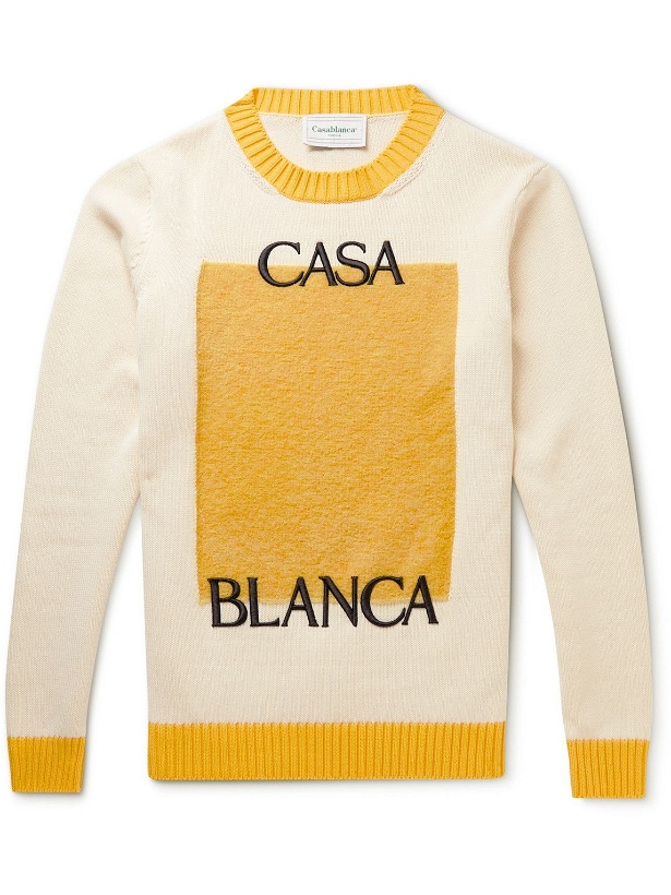 Photo: Casablanca - Logo-Embroidered Bouclé-Panelled Cotton Sweater - Neutrals